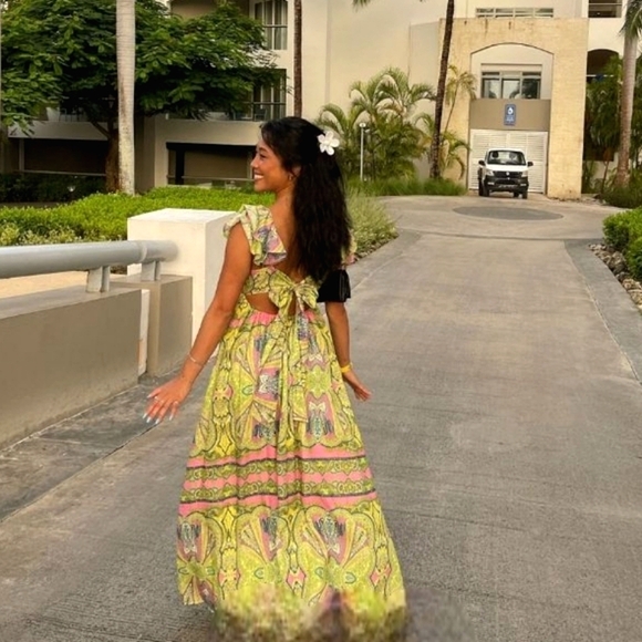 Nwt A loves A Ruffle Cap Sleeve Tie Back Flowy Yellow/Pink/Blue Floral Maxidress - Picture 14 of 17